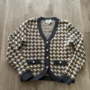 heartloom marlie blue houndstooth v-neck pearl jeweled button cardigan sweater